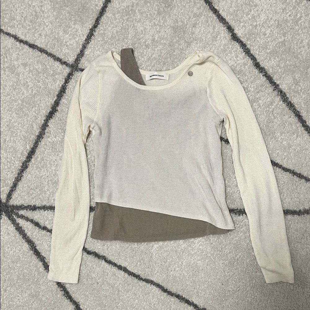 Asymmetrical Cream and Brown Long Sleeve Top